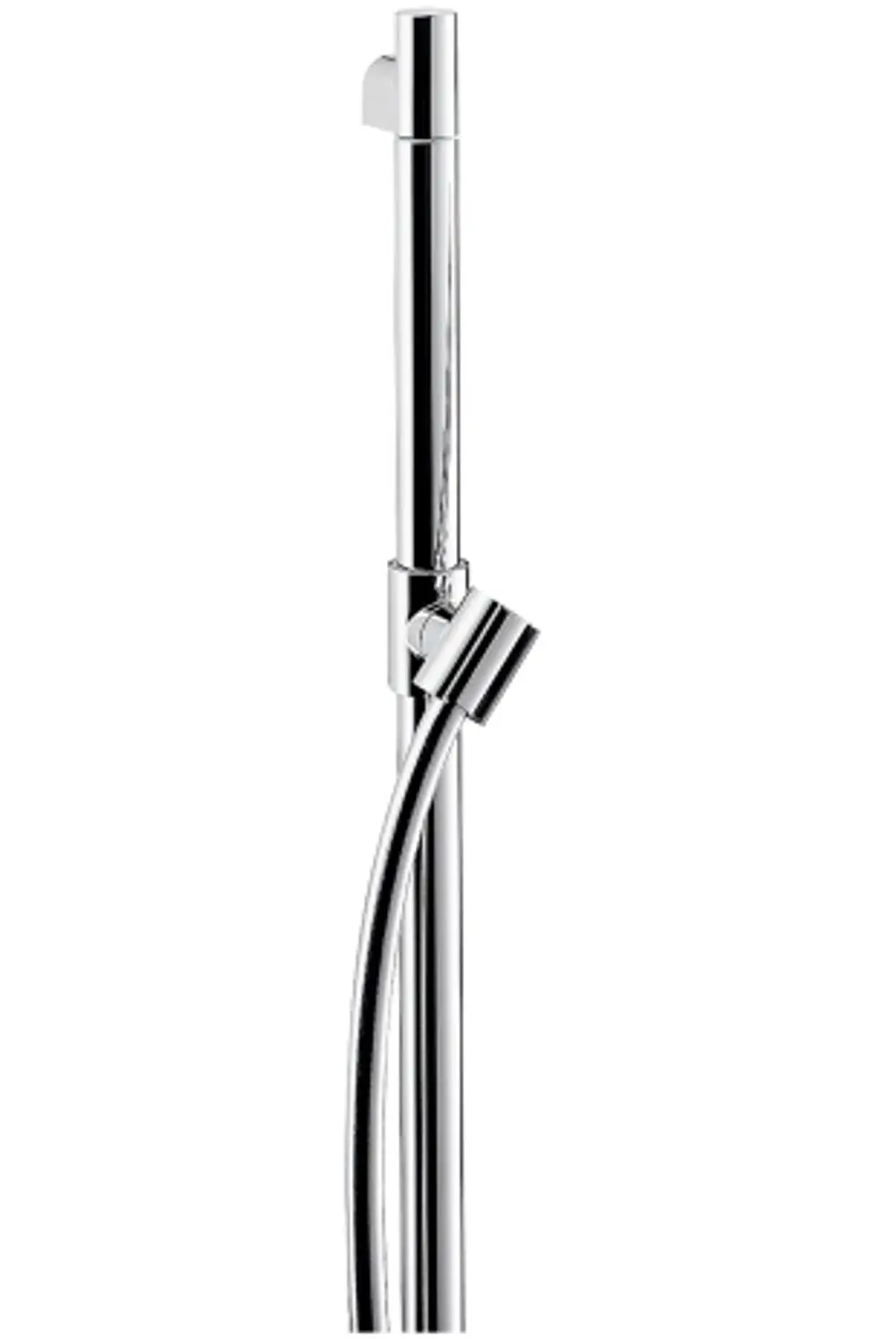 Edelstahl-Brausestange von AXOR mit Schlauch, vertikal montiert. Der Brauseschlauch ist in einer geschwungenen Form angebracht. Oberfläche in glänzendem Chrom.